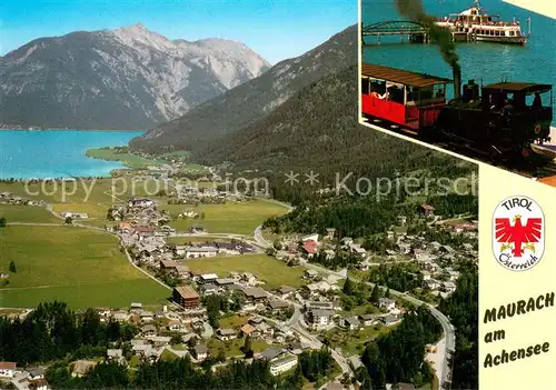 AK / Ansichtskarte Maurach_Achensee Fliegeraufnahme Eisenbahn Fahrgastschiff Maurach Achensee