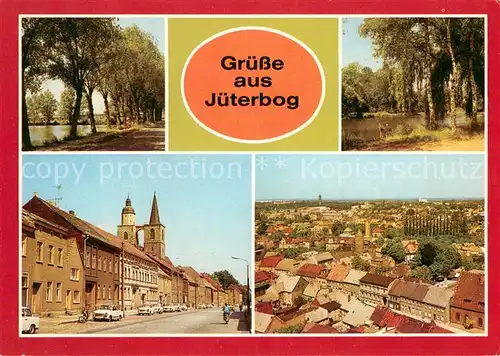 AK / Ansichtskarte Jueterbog Uferpartie am Blanken Teich Rohrteich Leninstrasse Nikolaikirche Stadtpanorama Jueterbog