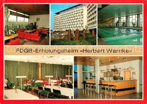 AK / Ansichtskarte Klink_Waren FDGB Erholungsheim Herbert Warnke Empfangshalle Schwimmhalle Restaurant Hallenbar Klink Waren