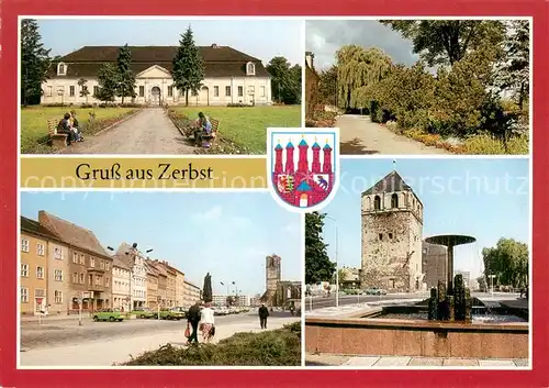 AK / Ansichtskarte Zerbst Stadthalle Stadtpark Markt Brunnen Dicker Turm Zerbst
