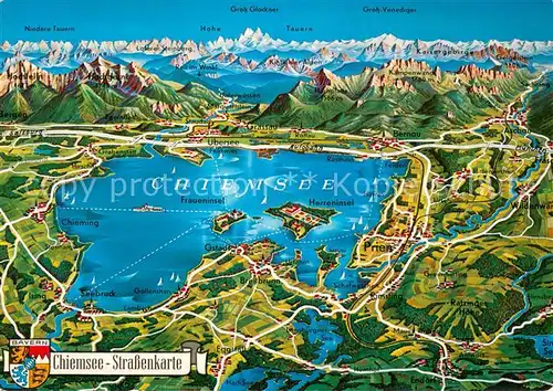 AK / Ansichtskarte Chiemsee und Umgebung Strassenkarte Alpenpanorama aus der Vogelperspektive Chiemsee