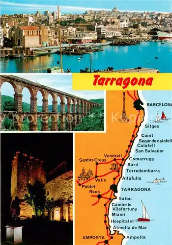 AK / Ansichtskarte Tarragona Stadtpanorama Viadukt Burgruine Denkmal Landkarte Kueste Tarragona