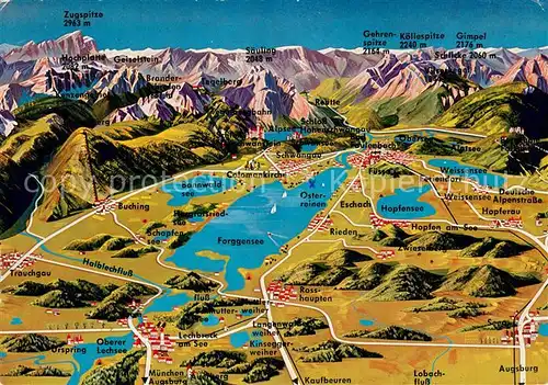 AK / Ansichtskarte Forggensee_Schwangau und Umgebung Panoramakarte Alpen aus der Vogelperspektive Forggensee Schwangau