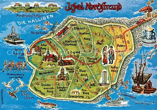 AK / Ansichtskarte Nordstrand Landkarte Nordseeinsel mit Sehenswuerdigkeiten Kuenstlerkarte Nordstrand