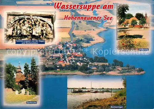 AK / Ansichtskarte Wassersuppe am Hohenauener See Familienwappen Dorfpartie Dorfkirche Bootsanleger Wassersuppe
