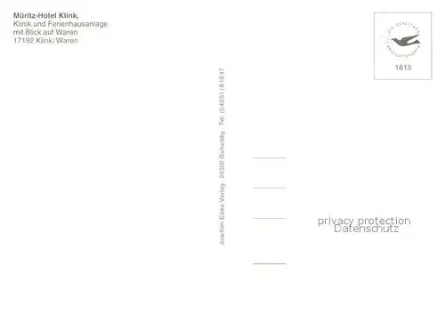 AK / Ansichtskarte Klink_Waren Fliegeraufnahme mit Mueritz Hotel und Ferienhausanlage Klink Waren