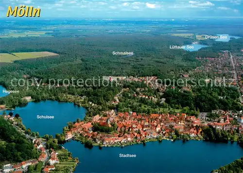 AK / Ansichtskarte Moelln_Lauenburg Fliegeraufnahme mit Hegesee Schulsee Schmalsee Stadtsee Luettauer Seen Druesen See Moelln_Lauenburg