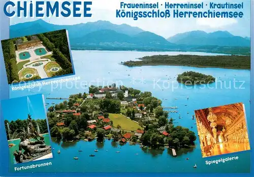 AK / Ansichtskarte Chiemsee Fliegeraufnahme mit Fraueninsel Herreninsel Krautinsel Koenigsschloss Herrenchiemsee Fortunabrunnen Spiegelgalerie Chiemsee