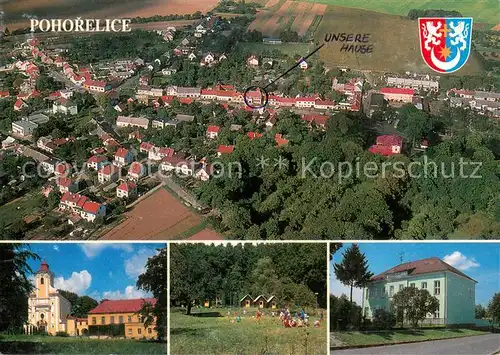 AK / Ansichtskarte Pohorelice Fliegeraufnahme Kostel sv Jana Nepomuckeho se zameckem Rekreacni zalizeni Skola Pohorelice