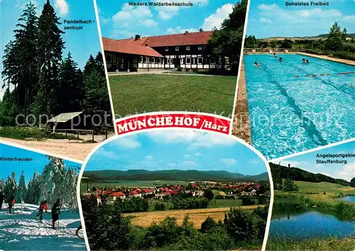 AK / Ansichtskarte Muenchehof_Harz Pandelbachzentrum Waldarbeitsschule Freibad Angelsportgebiet Stauffenburg Winterfreuden Skilanglauf Panorama Muenchehof Harz