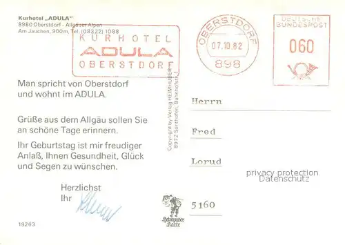 AK / Ansichtskarte Oberstdorf Kurhotel Adula im Sommer Allgaeuer Alpen Oberstdorf