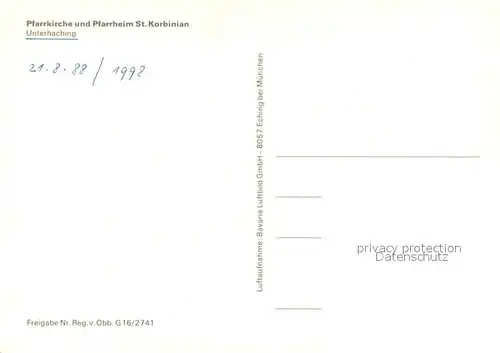 AK / Ansichtskarte Unterhaching Pfarrkirche und Pfarrheim St. Korbinian Fliegeraufnahme Unterhaching