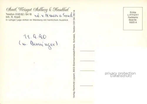 AK / Ansichtskarte Handthal_Schweinfurt Weingut Stollberg Restaurant Terrasse Fernsicht Handthal Schweinfurt