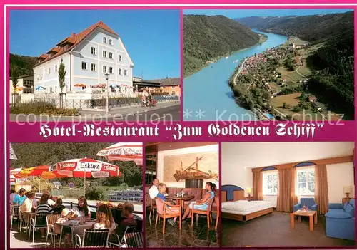 AK / Ansichtskarte Engelhartszell_Donau_Oberoesterreich Hotel Restaurant Zum Goldenen Schif Terrasse Gaststube Zimmer Panorama Engelhartszell_Donau