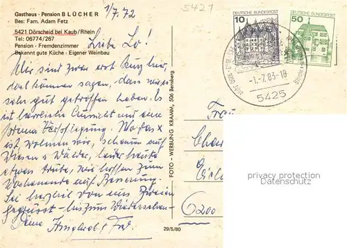 AK / Ansichtskarte Doerscheid Gasthaus Pension Bluecher Terrasse Freibad Panorama Rheintal Doerscheid