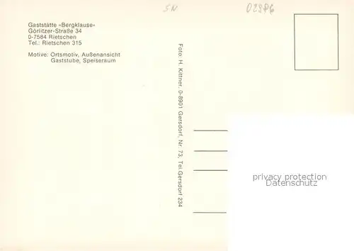 AK / Ansichtskarte Rietschen Gaststaette Bergklause Gastraum Ortsmotiv mit Kirche Rietschen