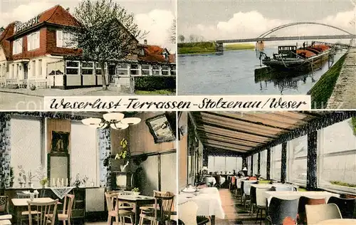 AK / Ansichtskarte Stolzenau_Weser Weserlust Terrassen Gastraeume Frachtschiff Stolzenau Weser