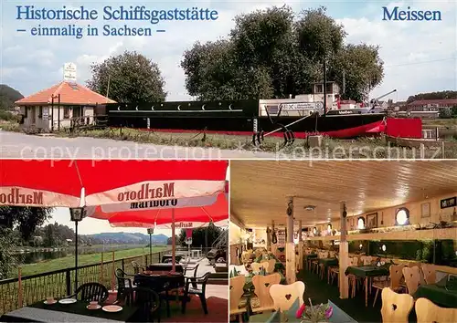 AK / Ansichtskarte Meissen_Elbe_Sachsen Historische Schiffsgaststaette Junghans Restaurant Terrasse Meissen_Elbe_Sachsen