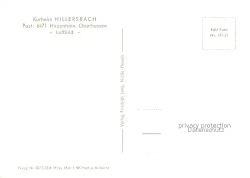 AK / Ansichtskarte Hirzenhain_Wetteraukreis Kurheim Hillersbach Fliegeraufnahme Hirzenhain Wetteraukreis