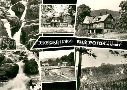 AK / Ansichtskarte Bily_Potok Wasserfall Berghuetten Freibad Landschaftspanorama Isergebirge Bily_Potok