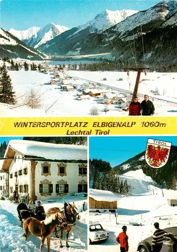 AK / Ansichtskarte Elbigenalp Panorama Wintersportplatz Alpen Pferdeschlitten Gasthof Hotel Alpenrose Elbigenalp