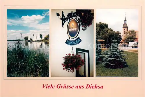 Diehsa Uferpartie am See Gasthof Am Markt Landskron Tuerschild Blick zur Kirche Diehsa