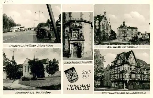 AK / Ansichtskarte Helmstedt Zonengrenze Westlicher Schlagbaum Marktplatz mit Rathaus Klosterkirche St Marienberg Altes Fachwerkhaus am Lindenplatz Helmstedt