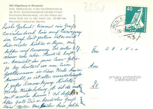 AK / Ansichtskarte Haegelberg Panorama Wiesental mit Blick nach Steinen Neusiedlung Erholungsheim Ehrenmal am Brunnen Haegelberg