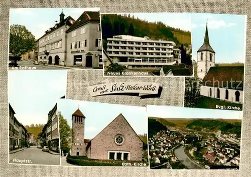 AK / Ansichtskarte Sulz_Neckar Rathaus Neues Krankenhaus Ev Kirche Hauptstr Kath Kirche Fliegeraufnahme Sulz Neckar