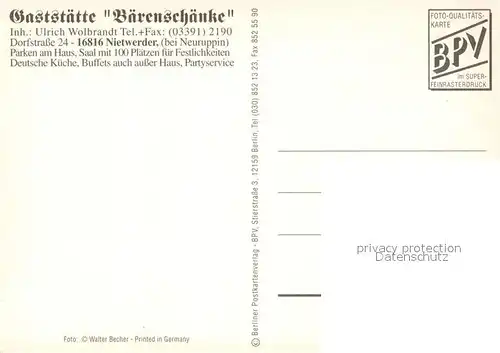 AK / Ansichtskarte Nietwerder Restaurant B?rensch?nke  Nietwerder