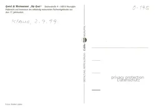 AK / Ansichtskarte Neuruppin Hotel Restaurant Up Hus Neuruppin