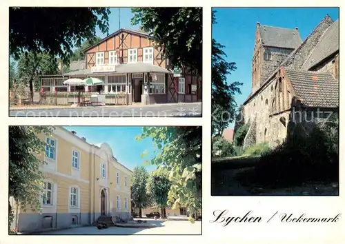 AK / Ansichtskarte Lychen Cafe Alte Muehle Stadtverwaltung Kirche St. Johannes Lychen