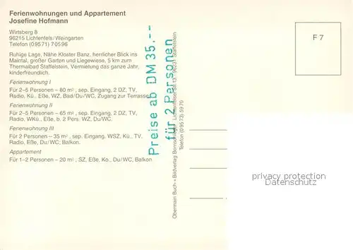 AK / Ansichtskarte Weingarten_Oberfranken Ferienwohnungen Appartements Haus Hofmann Staffelstein Obermain Therme Staffelberg Vierzehnheiligen Kloster Banz Fliegeraufnahmen Weingarten Oberfranken