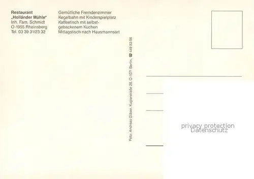 AK / Ansichtskarte Rheinsberg Restaurant Hollaender Muehle Fremdenzimmer Rheinsberg