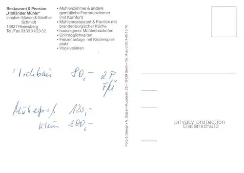 AK / Ansichtskarte Rheinsberg Restaurant Pension Hollaender Muehle Rheinsberg