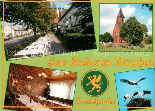 AK / Ansichtskarte Drachhausen Gaststaette Zum goldenen Drachen Restaurant Storchennest Kirche Wappen Drachhausen