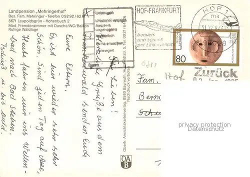 AK / Ansichtskarte Hohenbuch_Leupoldsgruen Landpension Mehringerhof Fremdenzimmer Partie am Wasser Enten 