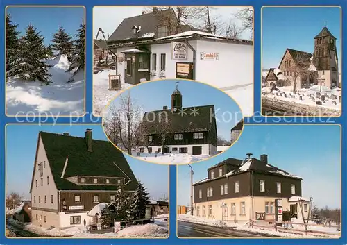 AK / Ansichtskarte Zinnwald Georgenfeld Imbiss Gaststaette Kirche Winterlandschaft Zinnwald Georgenfeld