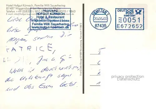 AK / Ansichtskarte Wiggensbach Hotel Hofgut Kuernach Restaurant Fremdenzimmer Wiggensbach