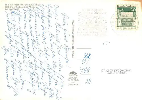 AK / Ansichtskarte Unterthalhofen_Allgaeu Erholungsheim Jaegerwinkel Restaurant Landschaftspanorama Allgaeuer Alpen Unterthalhofen Allgaeu