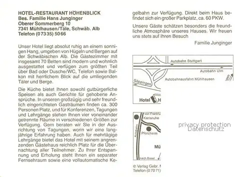 AK / Ansichtskarte Muehlhausen_Taele Hotel Restaurant Hoehenblick Schwaebische Alb Muehlhausen_Taele
