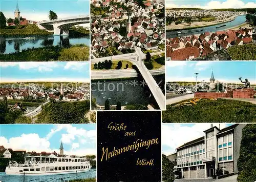 AK / Ansichtskarte Neckarweihingen Bruecke Fliegeraufnahmen Fahrgastschiff Rathaus Neckarweihingen