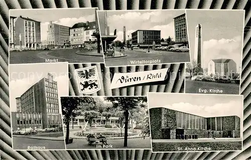 AK / Ansichtskarte Dueren_Rheinland Markt Wirteltorplatz Kirchen Park Rathaus Dueren_Rheinland