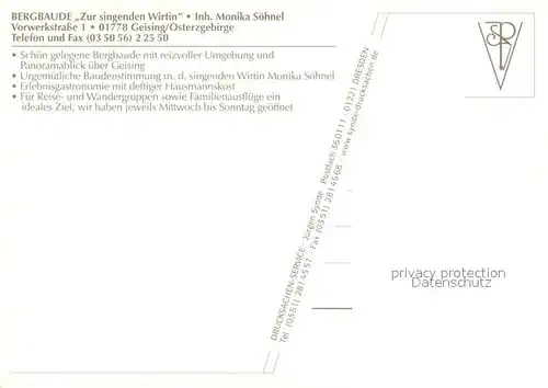 AK / Ansichtskarte Geising_Erzgebirge Bergbaude Zur singenden Wirtin Waldpartie Gedenkstein Ortsansicht mit Kirche Geising Erzgebirge