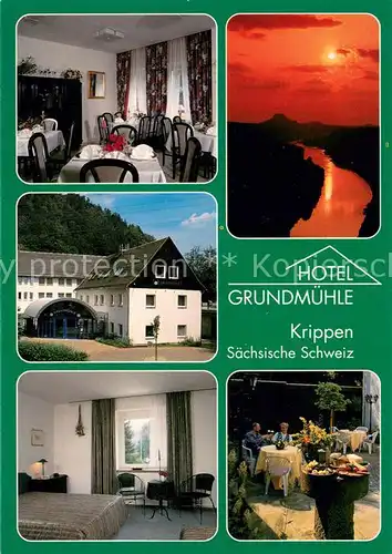 AK / Ansichtskarte Krippen_Bad_Schandau Hotel Grundmuehle Restaurant Terrasse Fremdenzimmer Sonnenuntergang Krippen_Bad_Schandau