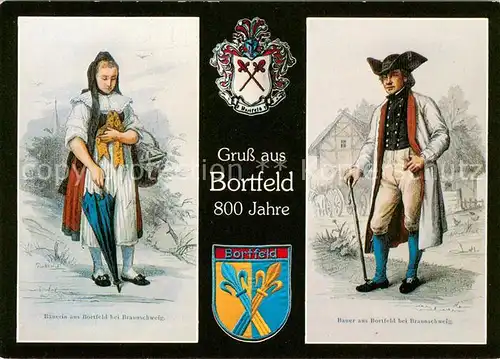 AK / Ansichtskarte Bortfeld Baeuerin und Bauer Wappen 800 Jahre Jubilaeum Kuenstlerkarte Bortfeld