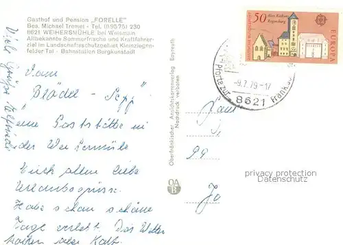 AK / Ansichtskarte Weihersmuehle_Weismain Gasthof Pension Forelle Sommerfrisch Landschaftsschutzgebiet Kleinziegenfelder Tal Weihersmuehle_Weismain