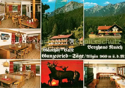 AK / Ansichtskarte Saege_Gunzesried Gasthof Cafe Berghaus Rusch Restaurant Hirsch Wild in der Abendsonne Alpen Saege Gunzesried