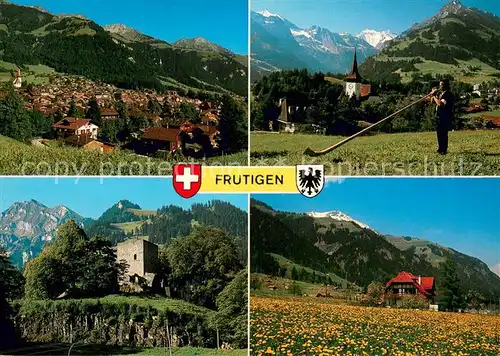 AK / Ansichtskarte Frutigen_BE Dorf mit Niesen Tellenburg mit Elsighorn Kirche Balmhorn Altels Fruehjahrsblumenpracht Frutigen BE