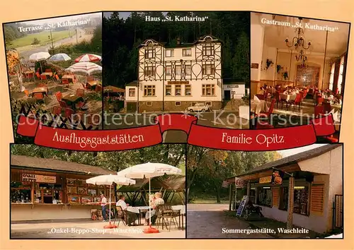 AK / Ansichtskarte Langenberg_Erzgebirge Ausflugs  und Speisegaststaette St. Katharina Terrasse Gastraum Onkel Beppo Shop Waschleite Langenberg Erzgebirge